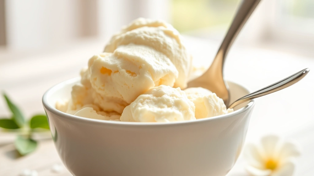 hero: creamy vanilla ice cream in a bowl with a scoop, photorealistic, natural daylight streaming in, no text, soft focus background