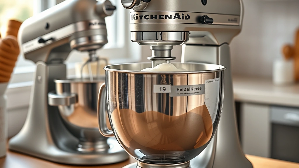 process: KitchenAid stand mixer with ice cream maker attachment churning, photorealistic, natural light, no text, showing mixer in action