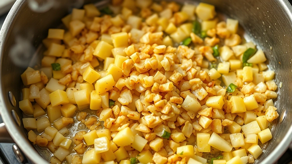 process: sautéing diced vegetables in butter in a large pot, golden onions and garlic, photorealistic, natural kitchen lighting, no text, showing steam rising