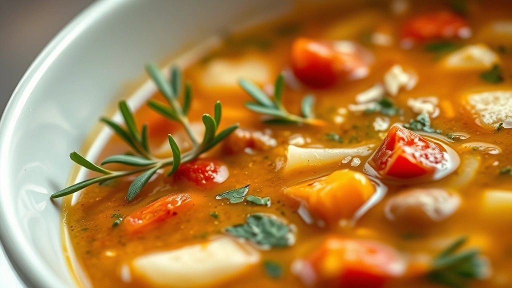 detail: close-up of finished soup in a white ceramic bowl with fresh herbs, Parmesan, and vegetables visible, photorealistic, shallow depth of field, natural light, no text