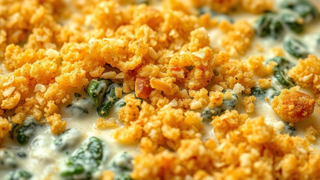 detail: close-up of golden crispy breadcrumb and Parmesan topping on spinach dip with bubbling creamy dip visible below, macro photography, natural lighting highlighting texture and color contrast