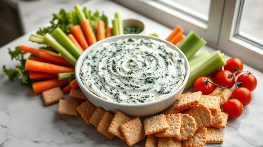 hero: bowl of creamy spinach dip surrounded by fresh vegetables including carrots, celery, cherry tomatoes, and crackers on a white marble counter, photorealistic, natural window light, no text, styled for entertaining