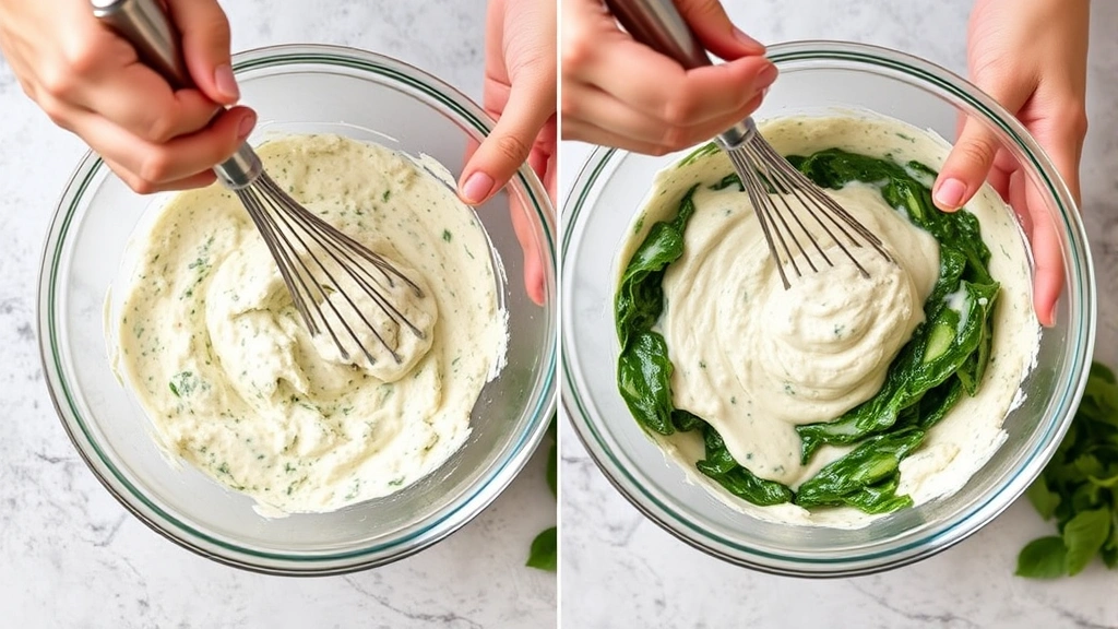 process: hands mixing spinach dip ingredients in glass bowl with whisk, showing creamy texture and green spinach throughout, photorealistic, natural kitchen light, no text