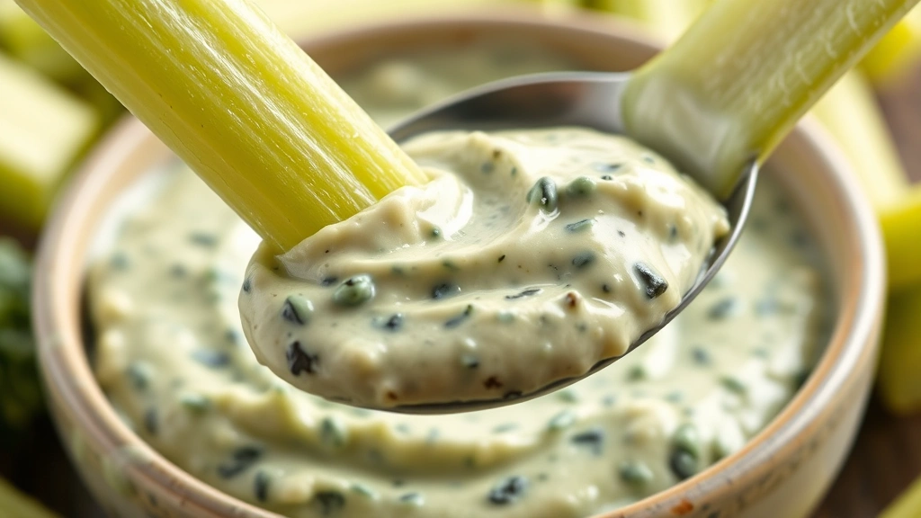 detail: close-up spoonful of creamy green spinach dip being dipped with fresh celery stick, photorealistic, natural light, no text, macro photography