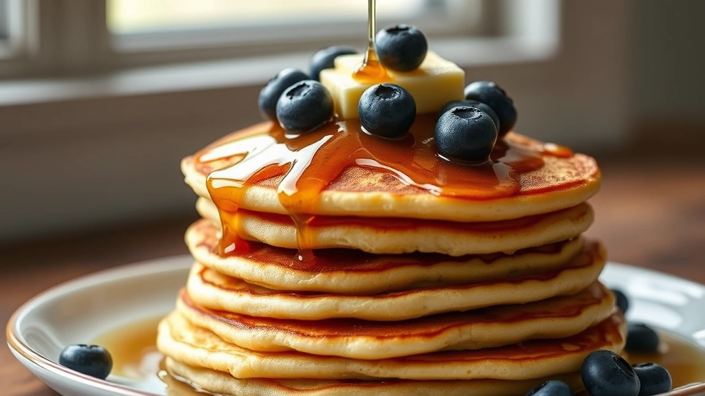 hero: stack of fluffy Kodiak Cakes pancakes with golden-brown edges, topped with fresh blueberries, maple syrup drizzle, and a pat of melting butter, photorealistic, natural window light, no text