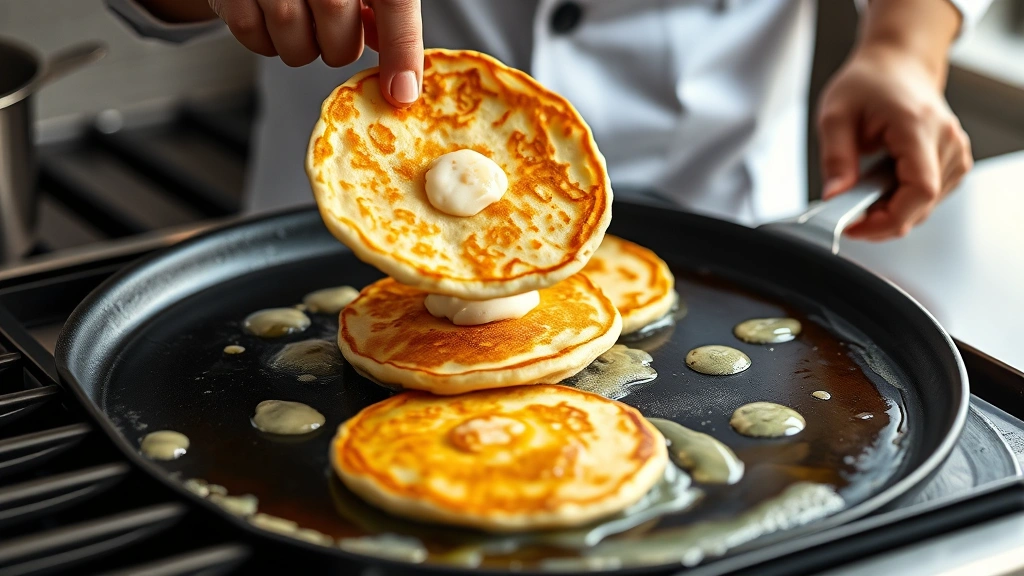 process: chef flipping pancakes on a buttered griddle, batter bubbling at the edges, showing the golden underside, photorealistic, natural kitchen light, no text
