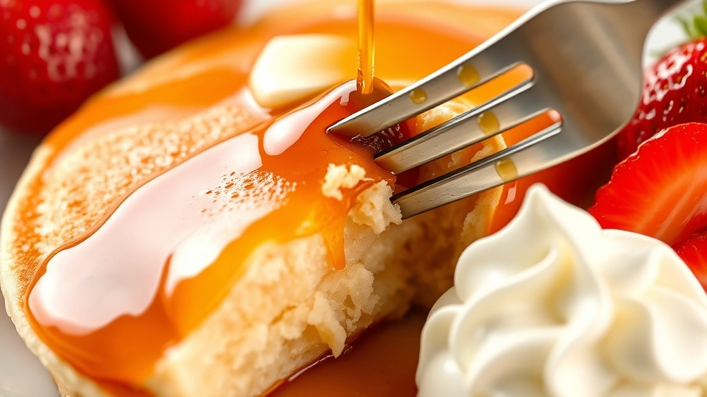 detail: close-up of a single fluffy pancake with syrup pooling on top, fresh strawberries and whipped cream alongside, fork cutting into the fluffy interior showing the light crumb structure, photorealistic, natural light, no text