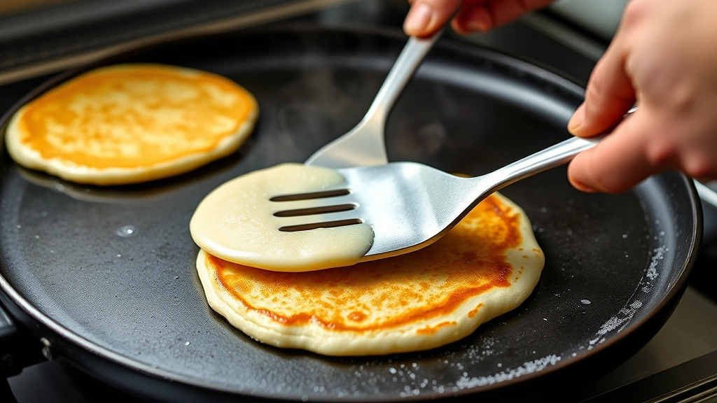 process: hand flipping pancake on griddle, spatula mid-flip, pancake slightly golden, steam rising, photorealistic, natural kitchen light, action shot, no text or watermarks