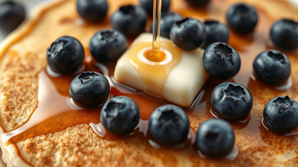 detail: close-up of pancake surface showing fluffy texture, topped with pat of butter melting, maple syrup drizzle, fresh blueberries scattered on top, photorealistic macro shot, natural light, no text or watermarks