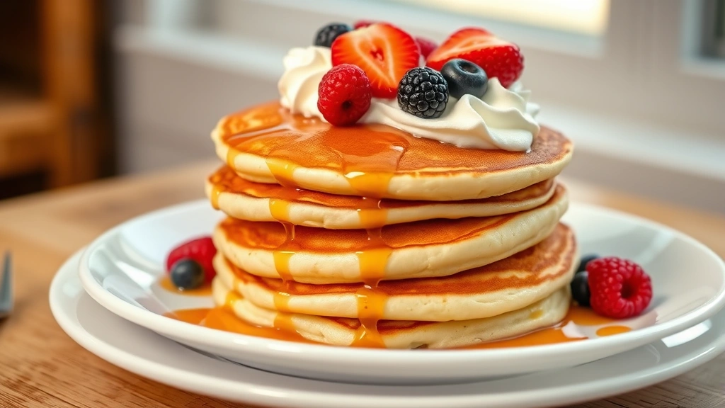 hero: stack of fluffy golden Kodiak pancakes topped with fresh berries, whipped cream, and maple syrup drizzle on white plate, photorealistic, natural window light, no text