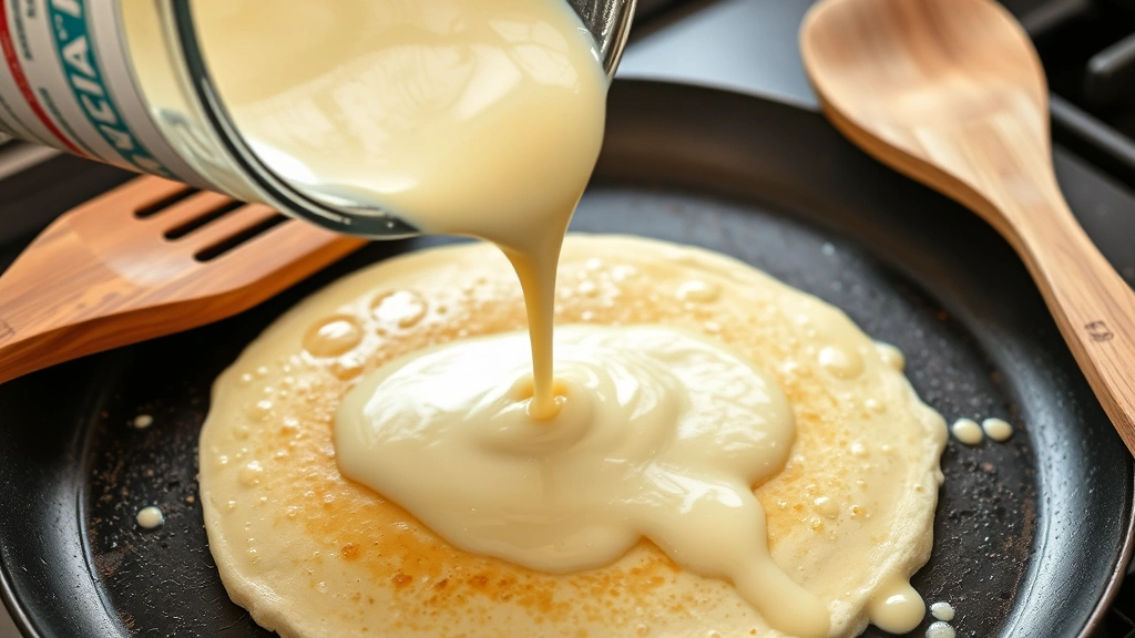 process: pouring Kodiak pancake batter onto hot buttered griddle, bubbles forming on surface, wooden spatula nearby, photorealistic, natural light, no text