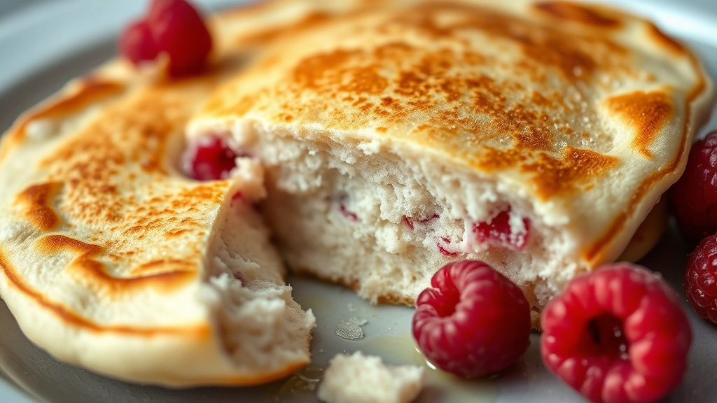 detail: close-up of perfectly cooked pancake showing fluffy interior texture and golden-brown exterior, bite taken out, fresh raspberries scattered nearby, photorealistic, natural light, no text