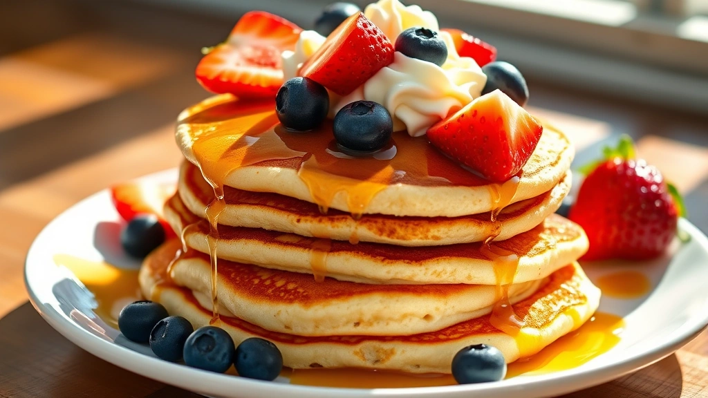 hero: stack of fluffy golden Kodiak pancakes topped with fresh blueberries, sliced strawberries, whipped cream, and maple syrup drizzle, photorealistic, natural sunlight streaming across plate, no text