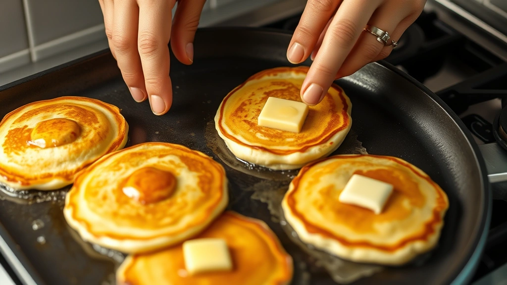 process: hands flipping pancakes on hot griddle with butter sizzling, golden brown pancakes mid-flip, photorealistic, natural kitchen lighting, no text