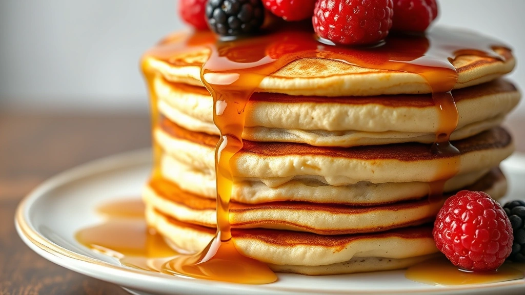 detail: close-up of stack of three pancakes with syrup dripping down sides, fresh berries on top, fluffy layers visible in cross-section, photorealistic, natural light, no text