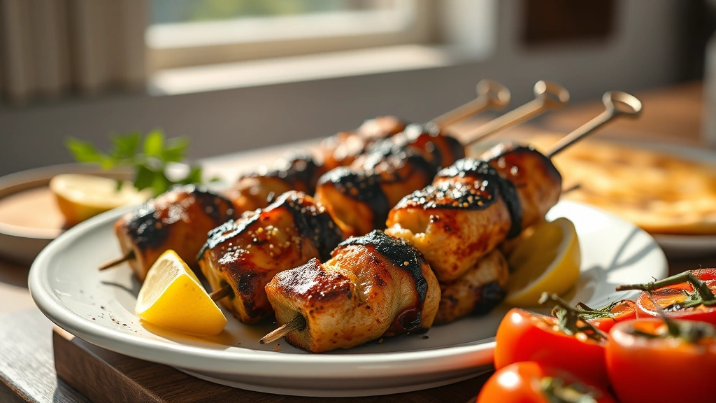 hero: perfectly charred Persian koobideh kebabs on a white ceramic plate with fresh lemon wedges and sumac garnish, grilled tomatoes on the side, warm flatbread in background, natural daylight streaming from left, shallow depth of field