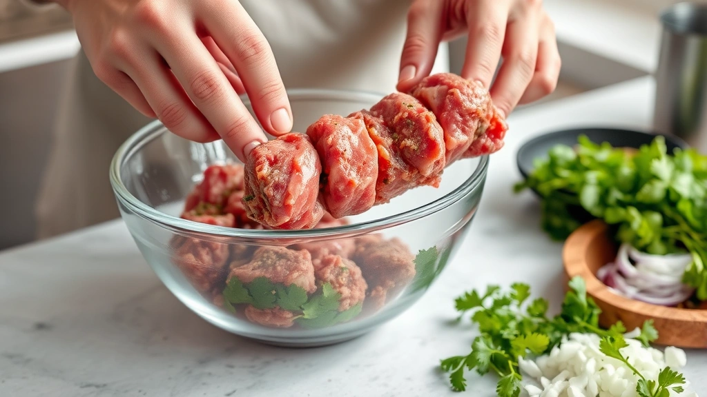 process: raw meat mixture in clear glass bowl with visible herbs and spices, hands molding meat onto flat metal skewer, workspace showing fresh cilantro and grated onion nearby, bright natural kitchen lighting
