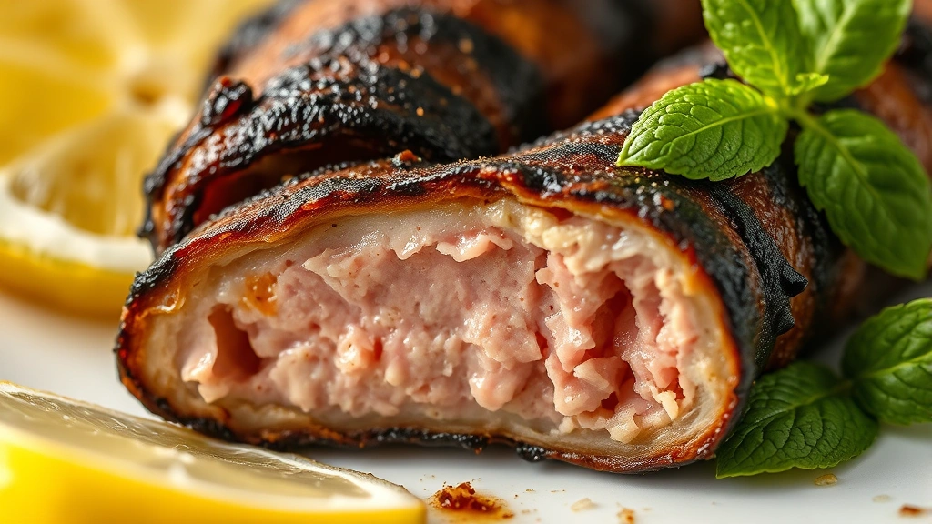 detail: close-up cross-section of cooked koobideh showing charred exterior and pink tender meat inside, macro photography with selective focus, fresh mint leaf and lemon slice beside, studio lighting