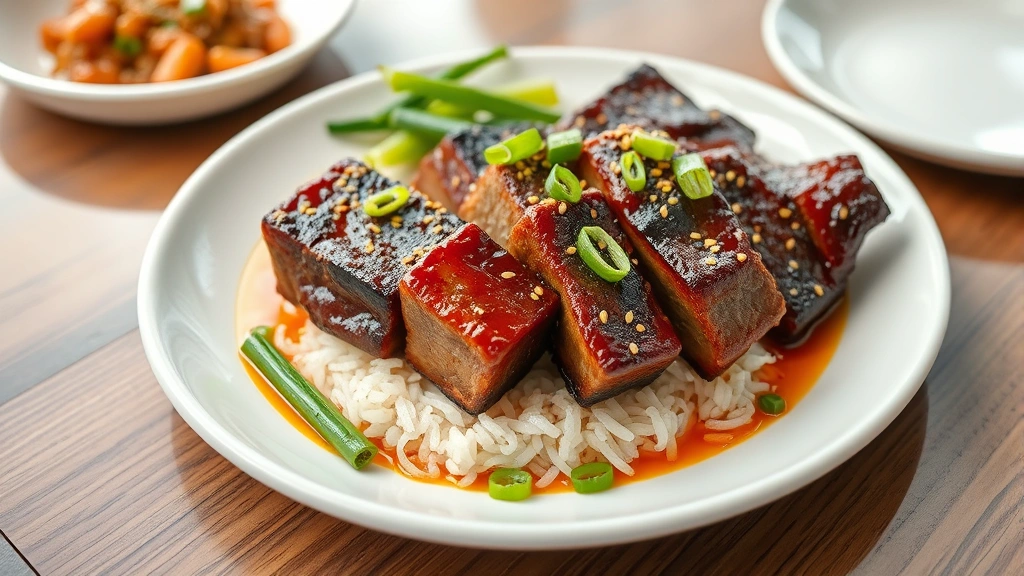 hero: grilled Korean beef short ribs galbi on white plate with sesame seeds and green onions, sizzling hot, restaurant plating, photorealistic, natural daylight, no text
