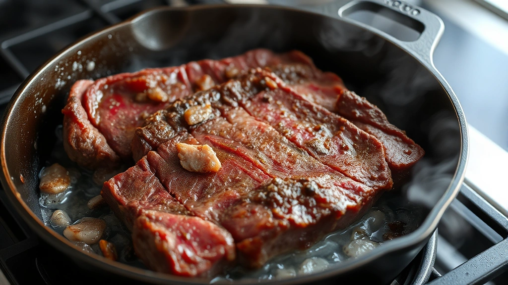 process: beef short ribs sizzling on cast iron skillet with caramelized crust, steam rising, mid-cook, photorealistic, natural light, no text
