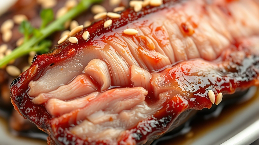 detail: close-up of cooked Korean short rib showing tender meat, char marks, sesame seeds, photorealistic, natural light, no text