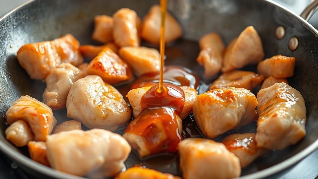 process: wok or skillet with chicken pieces searing over high heat, golden-brown caramelized edges visible, sauce being drizzled in, photorealistic, natural kitchen lighting, no text