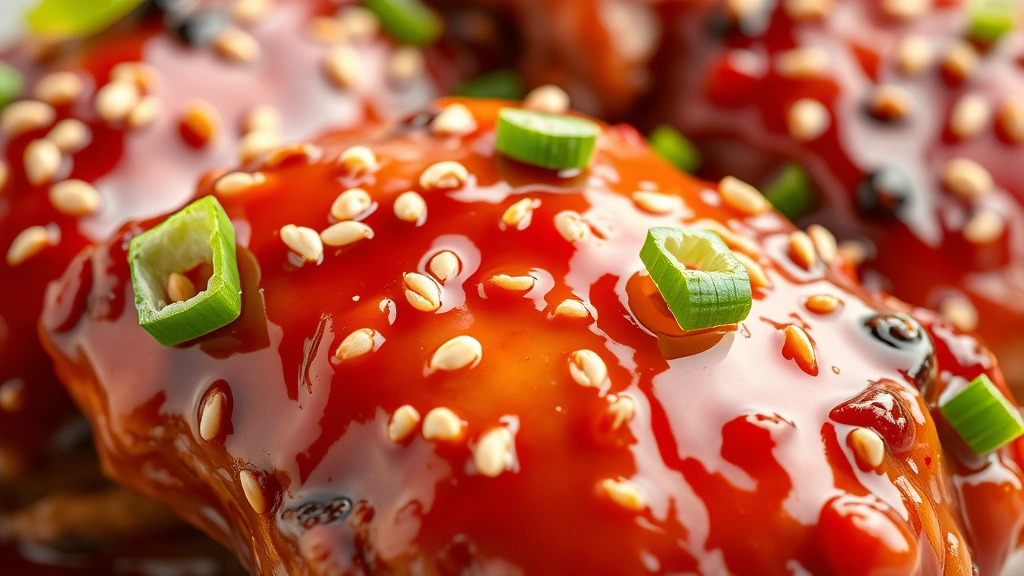 detail: close-up of glistening glazed chicken piece with sesame seeds and green onion garnish, sauce coating visible, photorealistic macro photography, natural light, no text