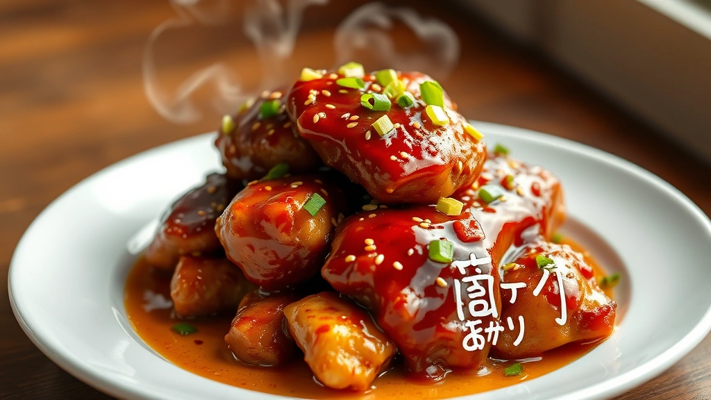 hero: glossy Korean chicken with gochujang glaze, garnished with sesame seeds and green onions, served on white plate with steam rising, photorealistic, warm natural light from the side, no text