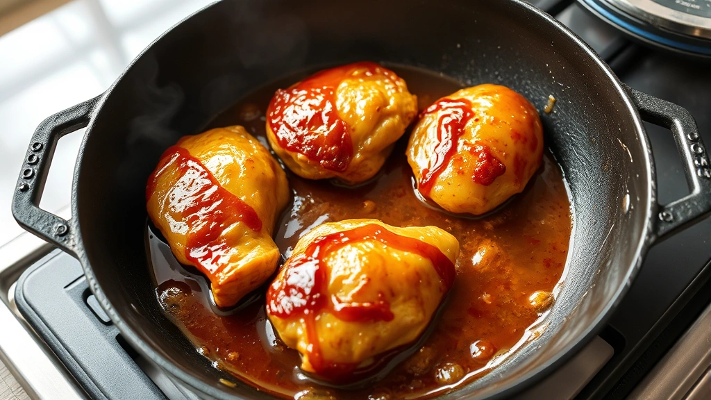 process: chicken searing in cast iron skillet with caramelized sauce, close-up of golden-brown chicken pieces, photorealistic, bright kitchen lighting, no text