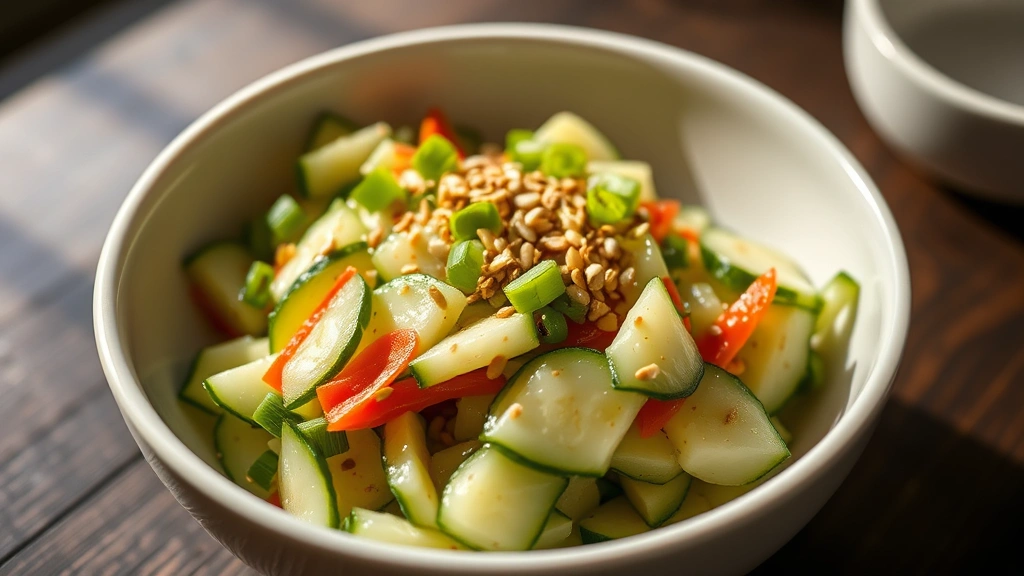 hero: vibrant Korean cucumber salad in white ceramic bowl, garnished with toasted sesame seeds and green onions, soft natural daylight from side, shallow depth of field, appetizing and fresh appearance, no text or watermarks