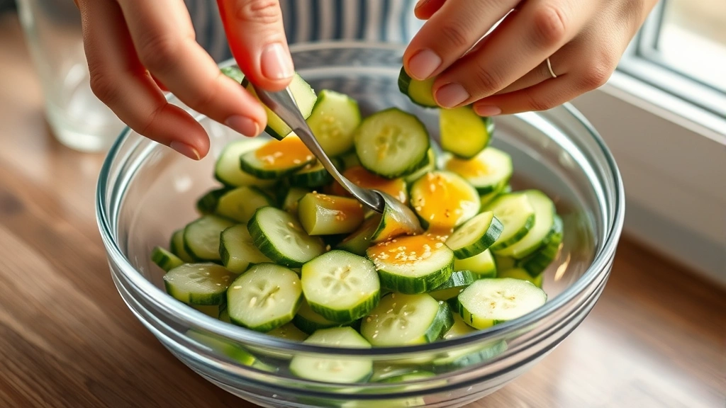 process: hands tossing sliced cucumbers with dressing in clear glass bowl, sesame seeds visible, action shot with natural window light, food preparation in progress, no text