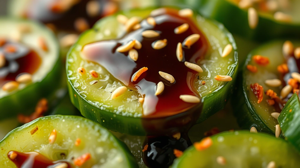 detail: close-up macro shot of cucumber rounds coated with glossy soy dressing, individual sesame seeds visible, vibrant gochugaru flakes, bokeh background, appetizing and detailed, no text