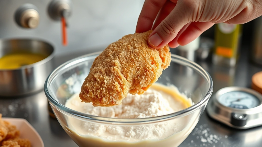 process: hand dipping breaded raw chicken piece into light batter bowl over flour mixture, oil thermometer visible in background, professional kitchen setting, photorealistic, natural light, no text