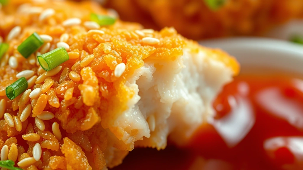 detail: extreme close-up of crispy golden fried chicken coating texture showing shattering crispiness, sesame seeds and green onion garnish visible, sauce glistening on surface, photorealistic macro photography, natural light, no text