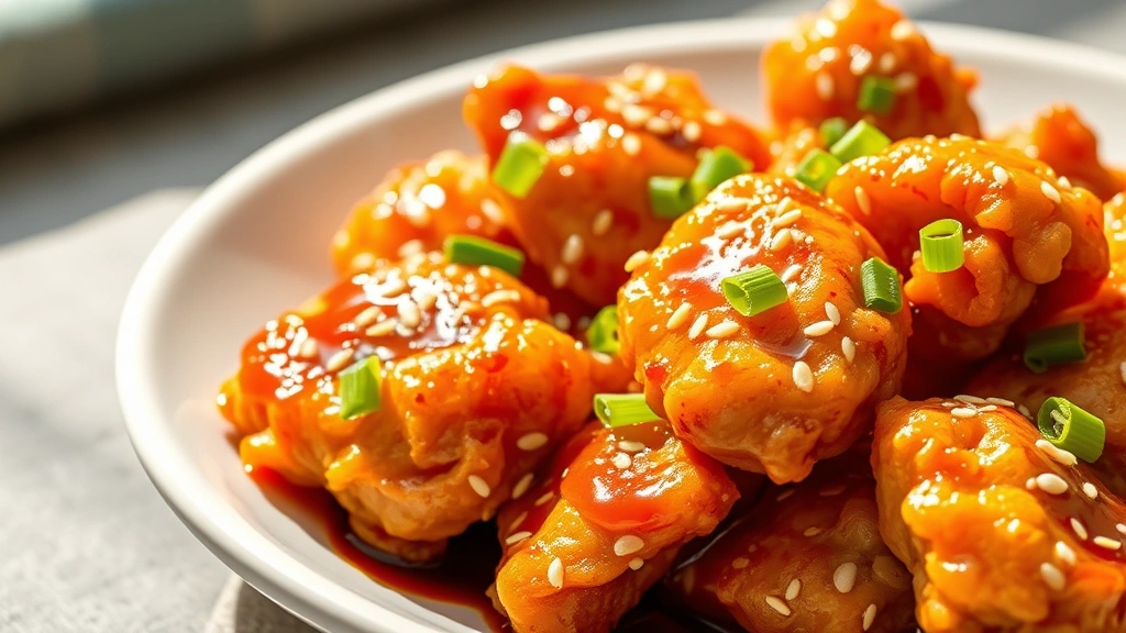 hero: golden crispy Korean fried chicken pieces glistening with soy garlic sauce, garnished with sesame seeds and green onions on a white ceramic plate, photorealistic, natural daylight streaming across, no text, appetizing and vibrant