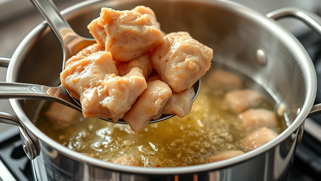 process: chicken pieces being carefully lowered into bubbling golden oil in a stainless steel pot with a slotted spoon, photorealistic, natural kitchen lighting, steam visible, professional food photography style, no text