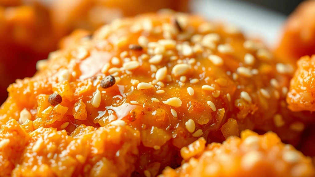 detail: close-up macro shot of crispy golden fried chicken skin with shattering crust, sesame seeds scattered on top, glistening with sauce, photorealistic, warm natural light highlighting texture, shallow depth of field, no text