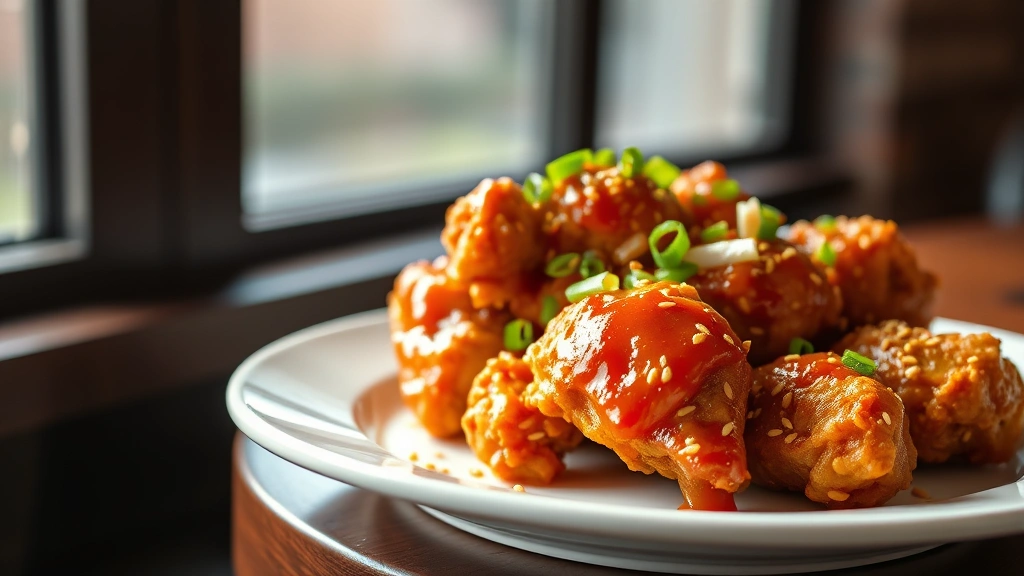 hero: golden-brown Korean fried chicken on white plate, glistening with gochujang glaze, topped with sesame seeds and green onions, natural daylight from window, shallow depth of field