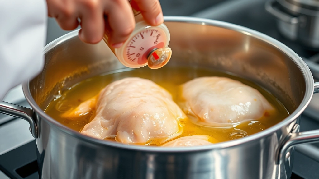 process: chicken being carefully placed into bubbling golden oil, thermometer visible, stainless steel pot, professional kitchen lighting, action shot