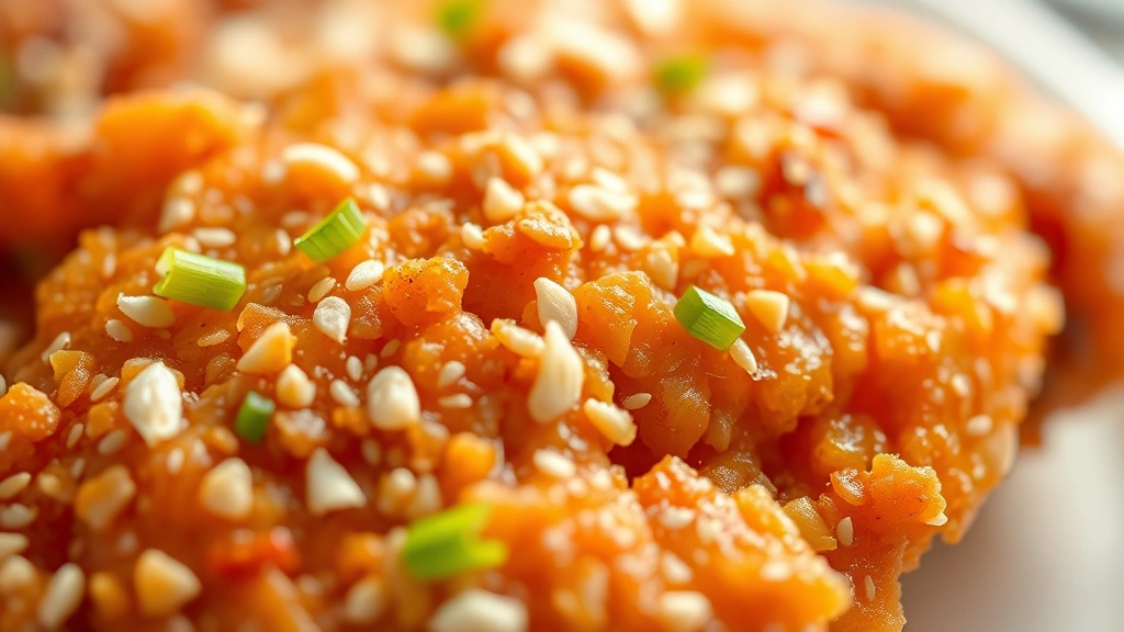 detail: close-up macro of fried chicken skin showing crispy shattered coating texture, sesame seeds and green onions visible, shallow focus, natural light highlighting golden brown color