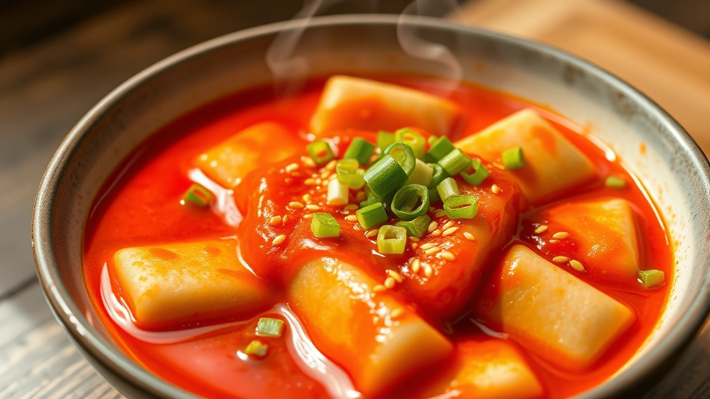 hero: Korean tteokbokki rice cakes in vibrant red gochujang sauce with green onions and sesame seeds, steam rising, bowl setting, photorealistic, natural daylight, no text