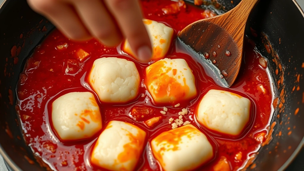 process: hand stirring chewy rice cakes in simmering red sauce in a dark wok, minced garlic visible, photorealistic, natural daylight, no text