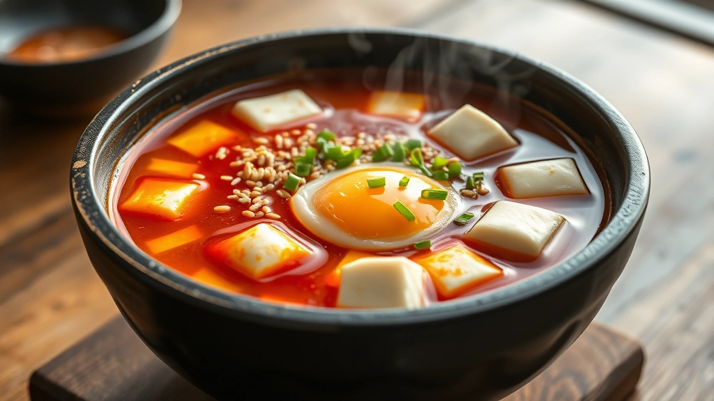 hero: steaming bowl of Korean tofu soup with soft tofu cubes, red chili broth, egg, green onions and sesame seeds, served in a traditional stone bowl (ttukbaegi), photorealistic, natural warm lighting, no text