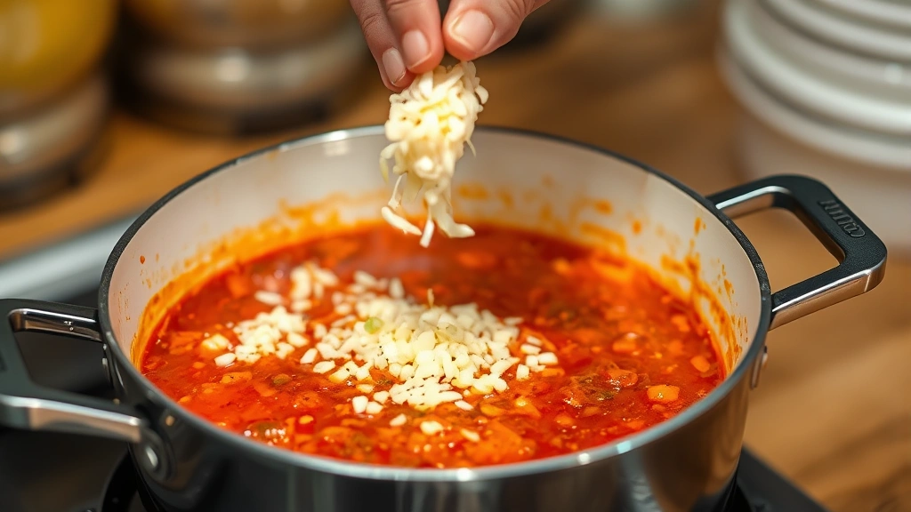 process: cook adding minced garlic to pot with gochugaru creating red oil-based mixture, photorealistic, natural kitchen lighting, no text