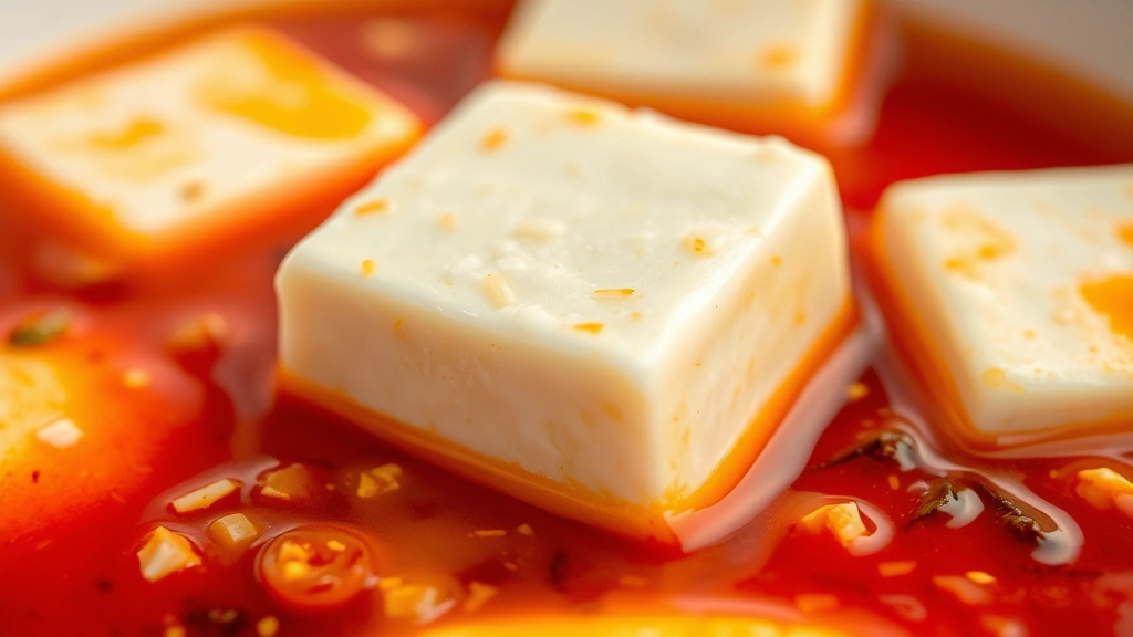 detail: close-up of silky tofu cube in vibrant red spicy broth with visible chili flakes and sesame oil sheen, photorealistic, natural lighting, no text