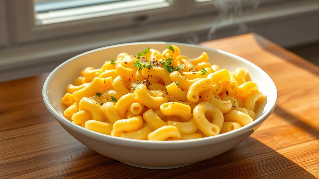 hero: creamy kraft mac and cheese in white bowl with fresh black pepper and parsley garnish, warm golden cheese sauce coating every noodle, steam rising, natural daylight from window, wooden table surface