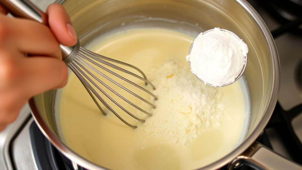 process: hand whisking butter and cream mixture in stainless steel saucepan, cheese powder being added, melting and combining, stovetop cooking, natural kitchen light, close action shot