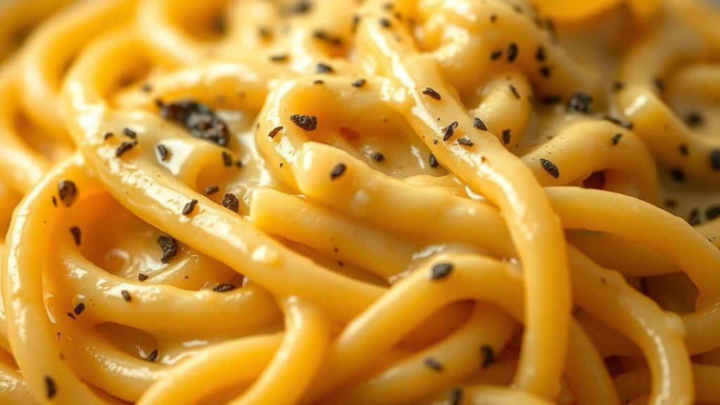 detail: close-up macro of perfectly coated pasta noodles glistening with creamy cheese sauce, golden color, fresh cracked black pepper visible, shallow depth of field, warm natural lighting, food styling