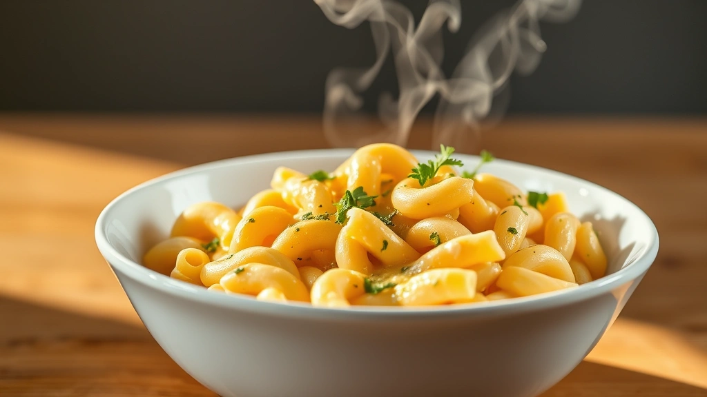 hero: creamy mac and cheese in white bowl, golden sauce coating pasta, fresh herbs garnish, steam rising, warm natural light from side, wooden table background, no text