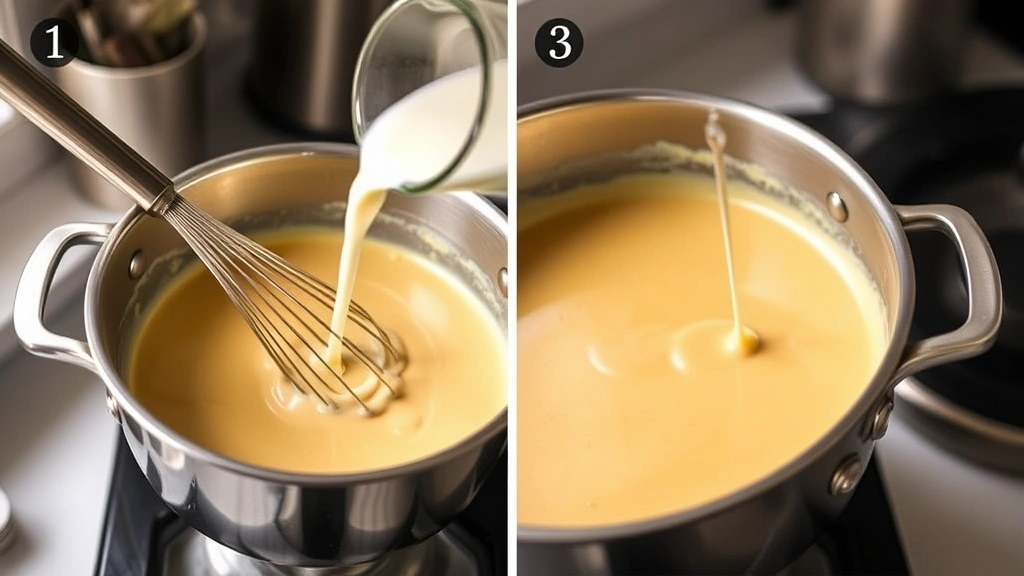 process: whisking cheese sauce in saucepan, milk being poured, golden roux visible, action shot, natural window light, professional kitchen, no text